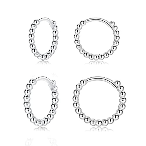 LYTOPTOP Silver Hoops Earrings for Women| 3 Pairs Small Sterling Silver Post Beaded Huggie Earrings| Hypoallergenic Tiny Cartilage Sleeper Cuff Jewelry for Men Ladies Girls, 8mm 10mm 12mm…, Metal,