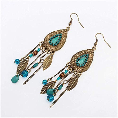 Boucles d'oreilles pour femmes en argent style rétro bohème avec feuilles ovales colorées