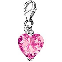 Quiges Crystal Pink Heart Cubic Zirconia Clip On Charm Pendant Silver Plated Womens Jewellery