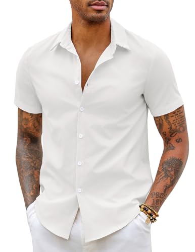 COOFANDY Chemise Homme Manches Courtes Coupe Ajustée Style Habillé Décontracté sans Repassage Été Chemises Blanc M