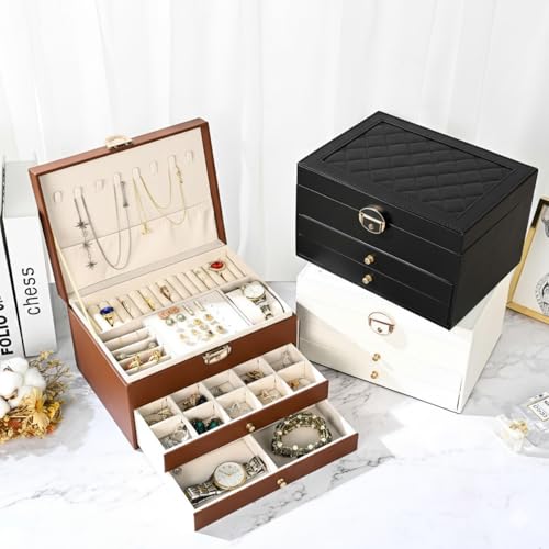 Image of Jewelry Box For Women Girl Wife 3 Layers Large Pu Leather Jewelry Organizer Storage Case With Two Drawers Display For Earrings Bracelets Rings Watches Design Jewelry Box, Jewelry Organizer (Brown)