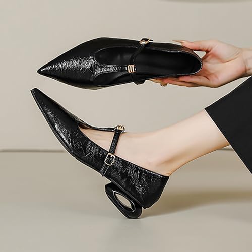 Women's Pointed Toe Low Chunky Heel T-Strap Mary Janes with Ankle Strap Buckle Fashion Pu Comfortable Cut Out Low Block Heel Non Slip Wedding Dress Pumps Casual Office Work Formal Shoes4
