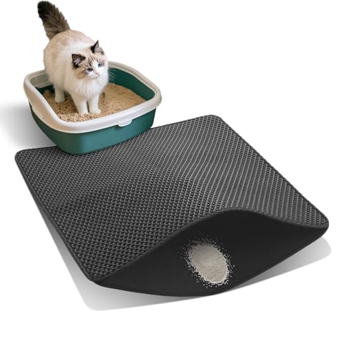 Hagzojler Cat Litter Mat for Indoor Cats Eva Double-Layer Litter Box Mat Washable for Easy Cleaning Cat Rug Collects Litter and Prevents Liquid Leakage (Black, 23.6×35.4inch)
