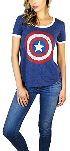 Marvel Womens Captain America Burnout Ringer Tee (Small, Navy)