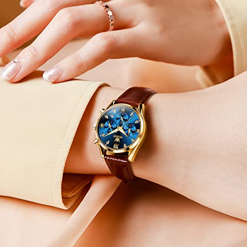 Olevs Watches For Women Brown Leather Strap Multifunction Analog Quartz Ladies Watch Business Waterproof Luminous Women's Watches Blue #TOP2