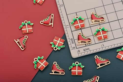 Image of VIDRIO Pack of 80 Christmas Gift and Skates Enamel Charms Gold Plated Colored Pendants Accessories for Necklace Bracelet Jewelry Making DIY Crafting