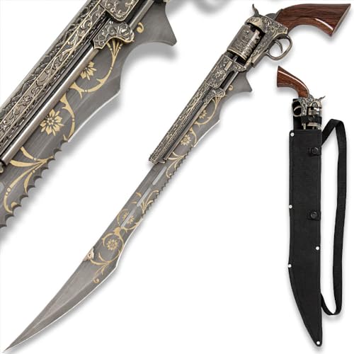 Steampunk Gun Blade Sword K Exclusive | 20 1/2" Rust Resistant Stainless-Steel Blade | Antique Finish | Laser-Etched and Engraved Accents | Spinning Barrel | Nylon Sheath Included | 26" Overall Length