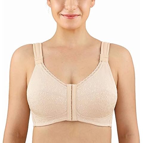 LAUDINE Women's Full Coverage Front Closure Wire Free Back Support Posture Bra Beige 40F Cover