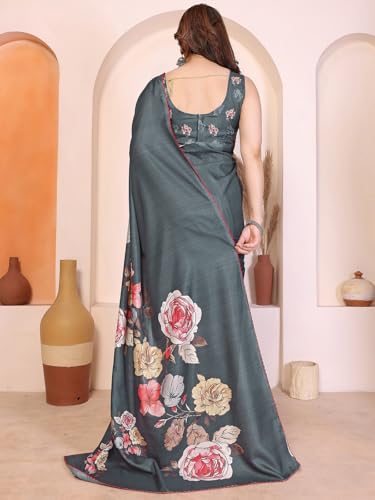 Image of Satrani Women's Tussar Silk Floral Printed Saree with Unstitched Blouse Piece