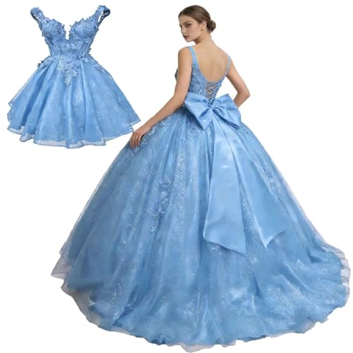 XIAOMANYAO Off Shoulder 2 in 1 Quinceanear Dresses Glitter Tulle Ball Gown Lace Applique Sweet 15 16 Princess Gown Dusty Blue US2