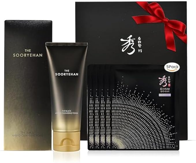 Sooryehan THE BLACK Amino Cleansing Foam (150 ml/5.07 fl oz) & BLACK GINSENG Firming Mask (33 ml/1.11 fl oz*5 ea) by LG Beauty - Face Wash and Face Sheet Mask - Age Defying,