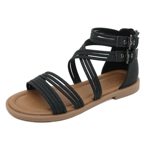 Women's Fashion Open Toe Sandals Gladiator Strappy Flat Sandals Back Zip Up Sandals Summer Beach
