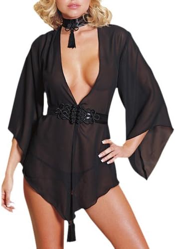 Dreamgirl Women's Chiffon Robe with Tassel Trim Front Hem and Attached Satin Ribbon Belt with Thong,Blk,Small