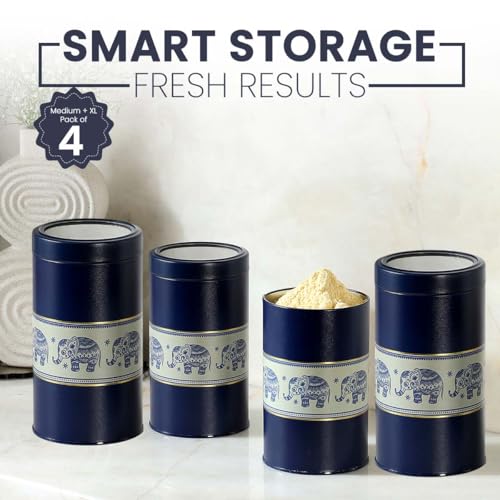 Image of Mandala Collection Airtight Kitchen Container Set| 850ML+1400ML- Set of 4| Food Grade Metal Jars for Spices, Snacks, Grain & Dry Food| Vacuum Lid, Rust Resistant| Blue Elephant Canisters