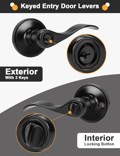 Image of Gobrico Keyed-Alike 2 Pack Door Levers, Matte Black Door Handles with Lock and Key, Wave Style Knob Exterior Entry Door