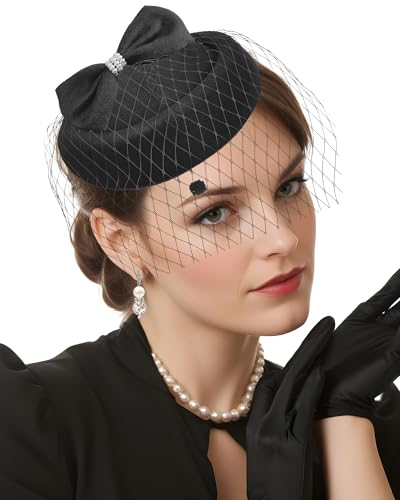 Black Pillbox Hat Veil Fascinators Hats 1920s 50s Vintage Elegant Cocktail Tea Party Headwear for Women Wedding Halloween