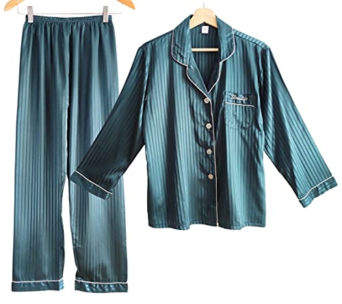 Laura Lily - Pijamas Mujer de 2 Piezas Camisa con Botones y Pantalones Largos de Seda Satén a Rayas, Suave, Cómodo, Sedoso y Casual. 1402 Verde Oscuro S Cover