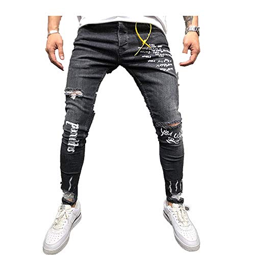 Chickwin Pantalones Vaqueros Hombre Rotos, Skinny Slim Fit Insignia Largos de Mezclilla de Cintura Baja de Pitillo Deportivos Elástico Cremallera Rota Jeans De Bolsillo (L, Negro)