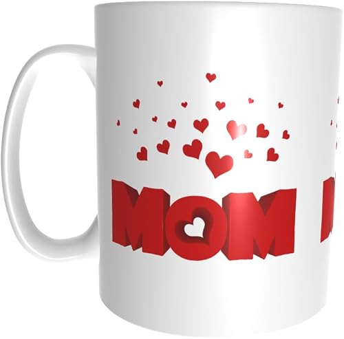 Pandok White Ceramic Mug - People - Mothers : Mom In Capitals With Hearts Arranged Above - Centre Of 'O' Is A Heart - Single Mug