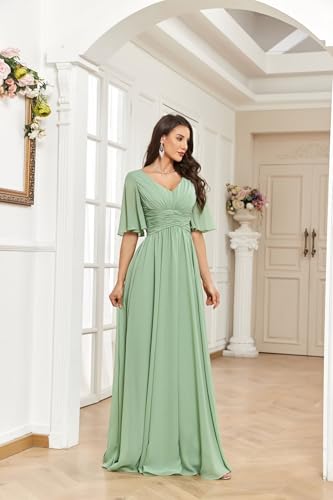 Floral Half Sleeves Bridesmaid Dresses Pleated V Neck Chiffon A Line Maid of Honor Dress Long3