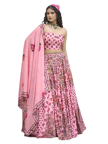 PURVAJA Women's Chinon/Art Silk Semi-Stitched Lehenga choli (Hiya-Pink_Free Size)