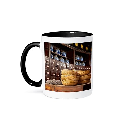 3dRose China, Shanghai. Village of Zhujiajiao. Tong Tian He Pharmacy. 11oz Two-Tone Black Mug