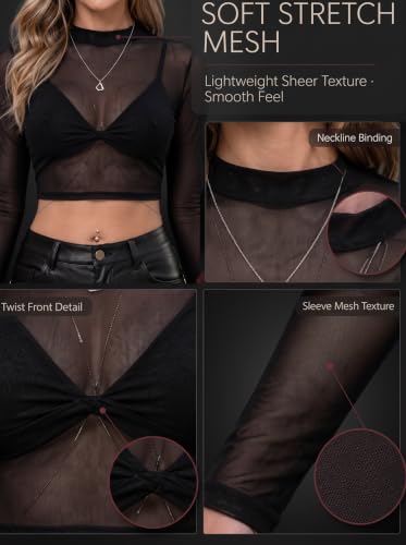 Mesh Crop Tops for Women Long Sleeve Mock Neck Sexy Cropped T Shirts for Punk Rock Outfits Sheer Black Top Womens Y2K Goth Halloween Shirts for Women See Through Top(US,Alpha,Large,Regular,Black) - image 6