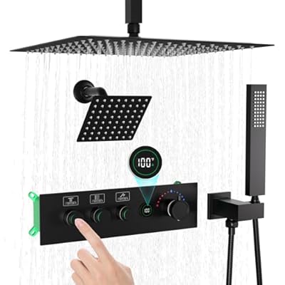 Enga Temperature Display Shower System with Dual Shower Heads, 16" + 6" Dual Rain Shower System, Push-button Valve Thermostatic Shower Faucet Set, Can All Run Together & Flow Adjustable, Matte Black