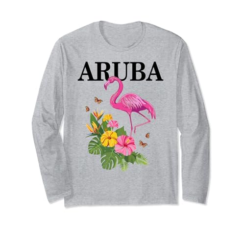 Aruba Flamingo Floral Plantas Tropicales Vintage Souvenir Manga Larga