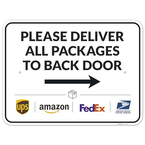 Image of Package Delivery Sign, Delivery Instructions Deliver All Package to Back Door Right Arrow Sign, 18x24 Inches, Rust Free .063 Aluminum, Fade Resistant, Made in USA by Sigo Signs