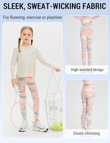 Image of Venzina Girls Printed Yoga Pants High Waist Athletic Leggings for Kids, Colorful Patterned Cropped Workout Pants for Running, Dance, Exercise & Casual Wear