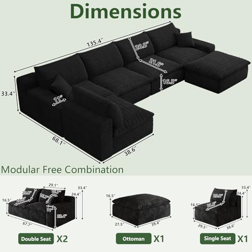 Image of 136 inch Cloud Couch Modular Sectional Sofa for Living Room, U-Shape Boneless Couch with Deep Seat, Modern Corduroy 5-Seater with Ottoman, No Assembly Required, Black