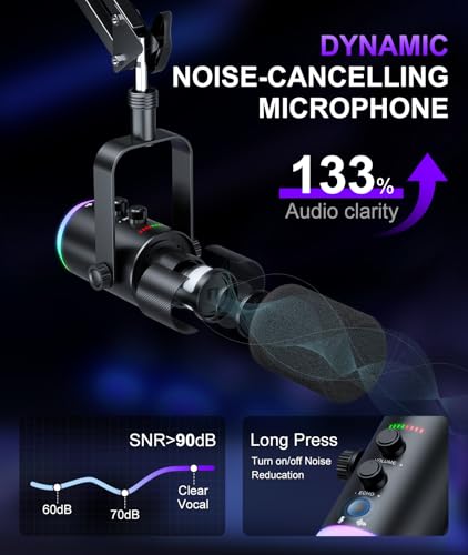 Image of Dynamic Gaming Microphone, USB-C /XLR Podcast Mic with Boom Arm Stand for Recording Streaming Singing, RGB Light, Mute Button, Headphone Monitor for PC, TikTok, YouTube