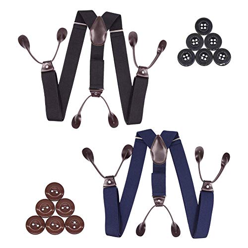 Hesenhan Suspenders for Men Heavy Duty 2 Pack Black and Navy Blue Button Mens Suspenders Y Back Design Men's Jeans Trousers Belt Suspenders with Brown Leather Loop End