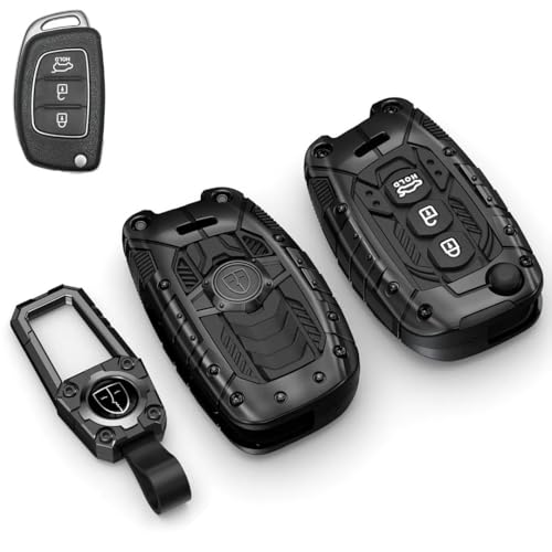 Image of REWOP Metal Black Car Key Protective Shockproof Cover /Case and Keychain Compatible with Hyundai Alcazar, Aura, Creta, i10 Grand Nios, i20 Elite, Tucson, Verna, Venue, Xcent, Exter (3-Button Flip Key)