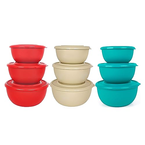 Image of Zaib Microsafe Stainless Steel Food Storage Container Set of 9 (Combo of 3 Sets) | Microwave Safe & Re-heatable Bowls with Lids | Red, Turquoise & Sand Brown | 500ml, 800ml, 1250ml