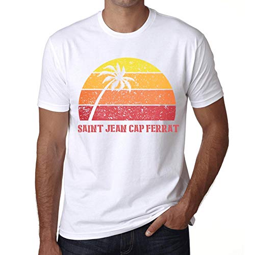 Photo de Homme Tee-Shirt Palmier Plage Coucher De Soleil À Saint Jean Cap Ferrat – Palm, Beach, Sunset in Saint Jean Cap Ferrat – T-Shirt Graphique Éco-Responsable Vintage Cadeau Nouveauté Blanc M