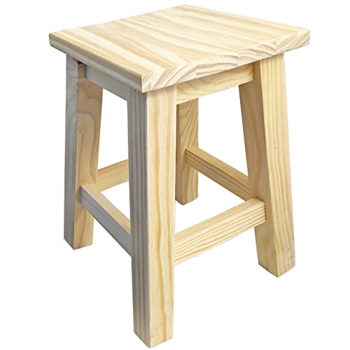 Acan Tradineur - Taburete Cuadrado de Madera Natural sin Tratar, banqueta con reposapiés, Estable y Robusto, hogar, 35,4 x 22,5 x 22,5 cm