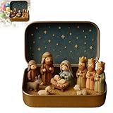 Générique Mini Crèche De Noël dans Boîte Métal,Ensemble De Crèche en Étain,Mini Décoration De Table 9.5x6 Cm Décor avec Figurines Sainte Famille,Jésus Et Moutons pour Maison De Noël (A)
