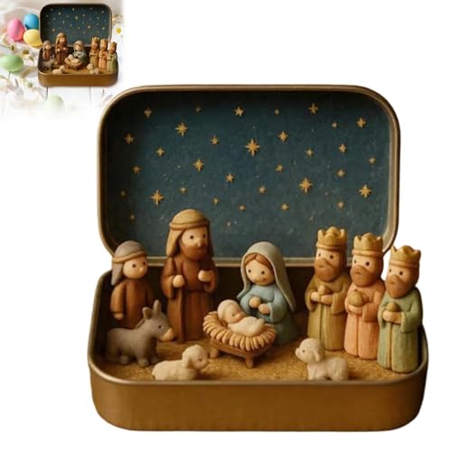 Générique Mini Crèche De Noël dans Boîte Métal,Ensemble De Crèche en Étain,Mini Décoration De Table 9.5x6 Cm Décor avec Figurines Sainte Famille,Jésus Et Moutons pour Maison De Noël (A)