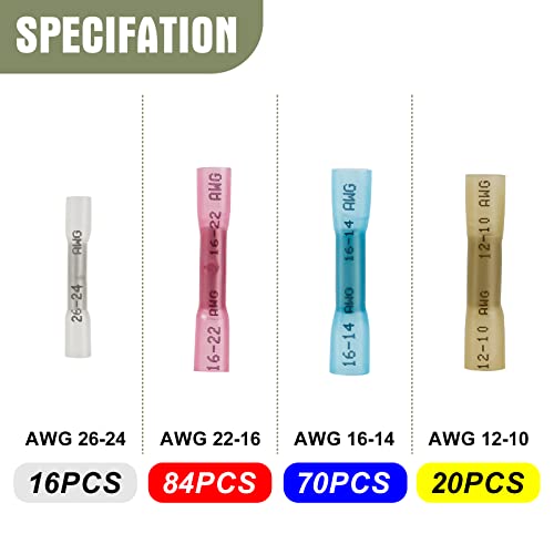 Meibeidor 190 Pcs Heat Shrink Butt Wire Connectors,Electrical Connector Kit With 4 Size（Awg26-10）,Waterproof Electrical Crimp Terminals For Cable,Boat,Wiring Butt Splice #TOP3