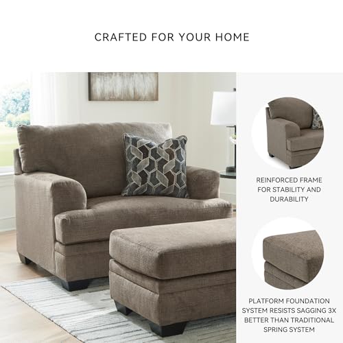Image of Signature Design by Ashley Stonemeade Oversized Chair, Cozy Chair and a Half with Toss Pillow, Deep Seating Living Room Accent Armchair, Soft Chenille Fabric, Reversible Cushion, Nutmeg Taupe Brown