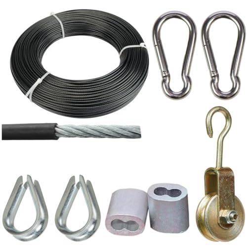 BARLOCK™ Gym Machine Cable Wire Locking Kit – Includes Metal Hanging Pulley, Wire Locks & Snap Hooks (5mm Black Wire, 15 Meter)