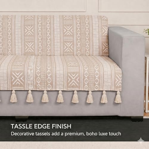 Image of STITCHNEST 'Verdant Bohemian Stories' 2 Seater Sofa Cover - Full Coverage| Elegant Jacquard Fabric, Decorative Tassels, Washable & Durable for Modern Living