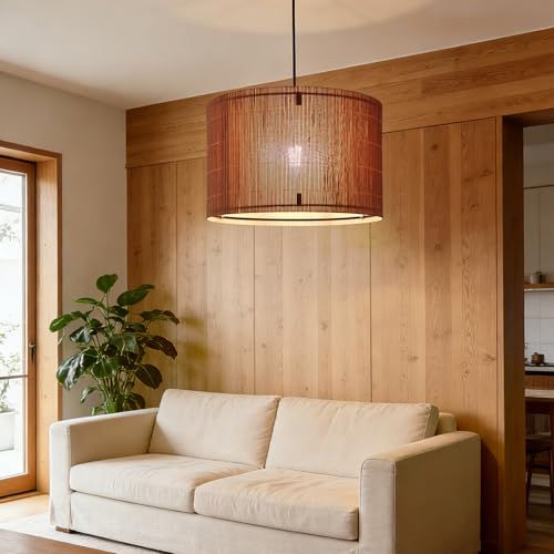 Image of Pendant Lamp Shade, Translucent Bamboo Made, 13.8x9 Inch, Modern Minimalist Style for Living Room, Bedroom (Colorful Line)