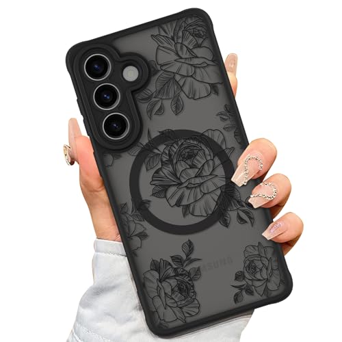 AIGOMARA Magnetic Case for Samsung Galaxy S26 Plus, Black Flower Pattern