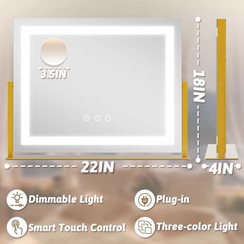 Image of ROLOVE Vanity Mirror with Lights 22 inchx18 inch, Lighted Makeup Mirror with 10X Magnification, Smart Touch 3 Colors Dimmable, 360 Rotation, Women Gift, Dresser Mount, Bathroom (Gold)