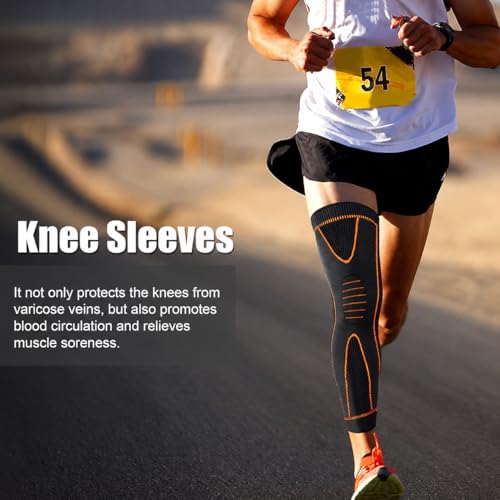 Image of 3D Fitness Compression Long Knee Brace and Nylon Anti Slip Calf Support Sleeve for men and women Knee Support Pain Relief Socks For Full Leg Knee Support (Pack of 2 Orange, L)