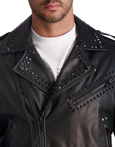 KARL LAGERFELD Men's Exposed Zippers and Studs Biker Leather Jacket4