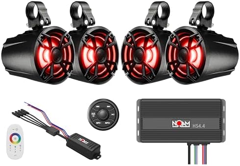 NOAM NUTV5 Quad - Marine ATV/Golf Cart/UTV Stereo System kit – with 4 Waterproof LED Light Tower Speakers, Weatherproof Controller/Head Unit with Bluetooth and AUX Input and Four Channels Amplifier